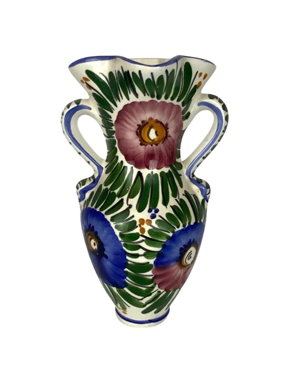 Hand Painted Talavera Ceramic Wall Pocket Vase With Floral Design & Dual Handles